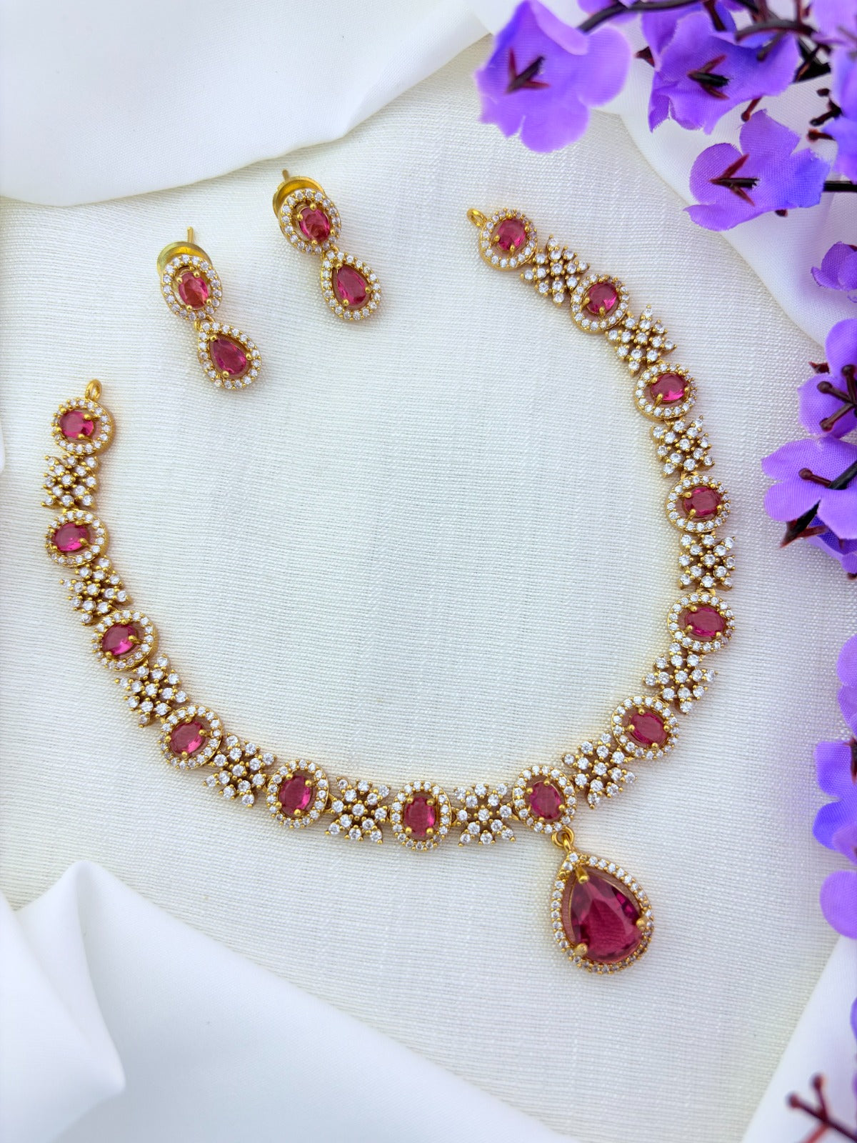 Crafted with style, designed for modern elegance -  premium matte finish AD necklace with matching earrings