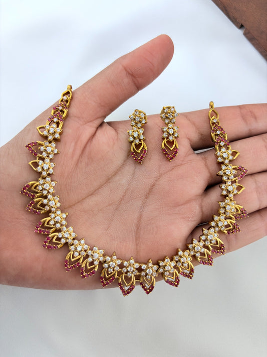 Elegant floral and leaf pattern premium AD matte finish neckset