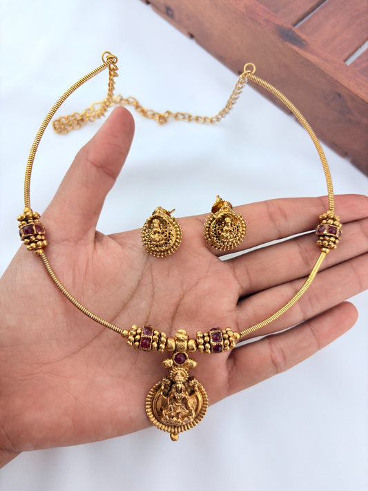 Temple inspired design matte finish laskhmi choker with earrings