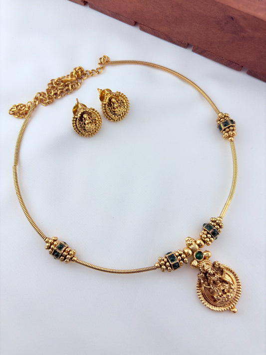 Temple inspired design matte finish laskhmi choker with earrings