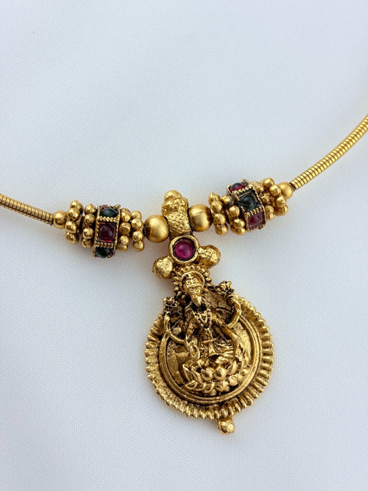 Temple inspired design matte finish laskhmi choker with earrings