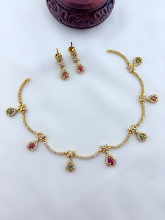 Trendy design Premium matte finish AD necklace and earrings adorned with classic stone drops