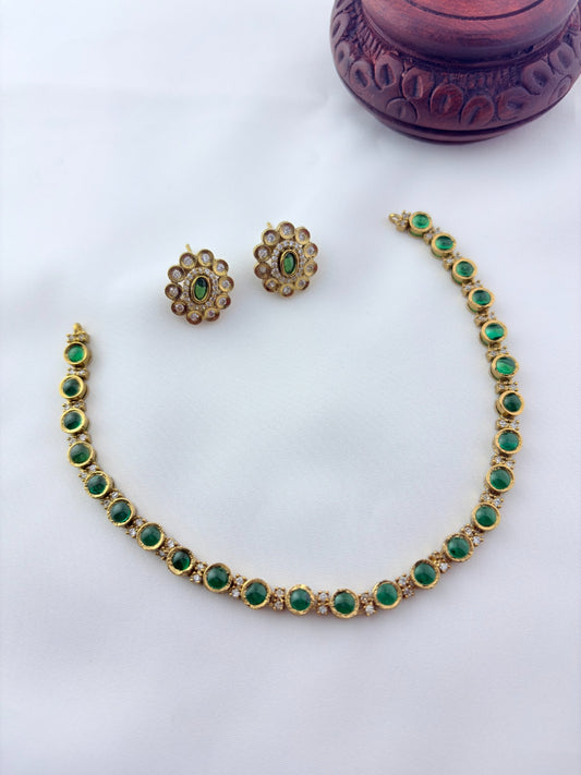 Classic traditional motifs with a trendy touch - Premium matte finish AD stone necklace with matching studs