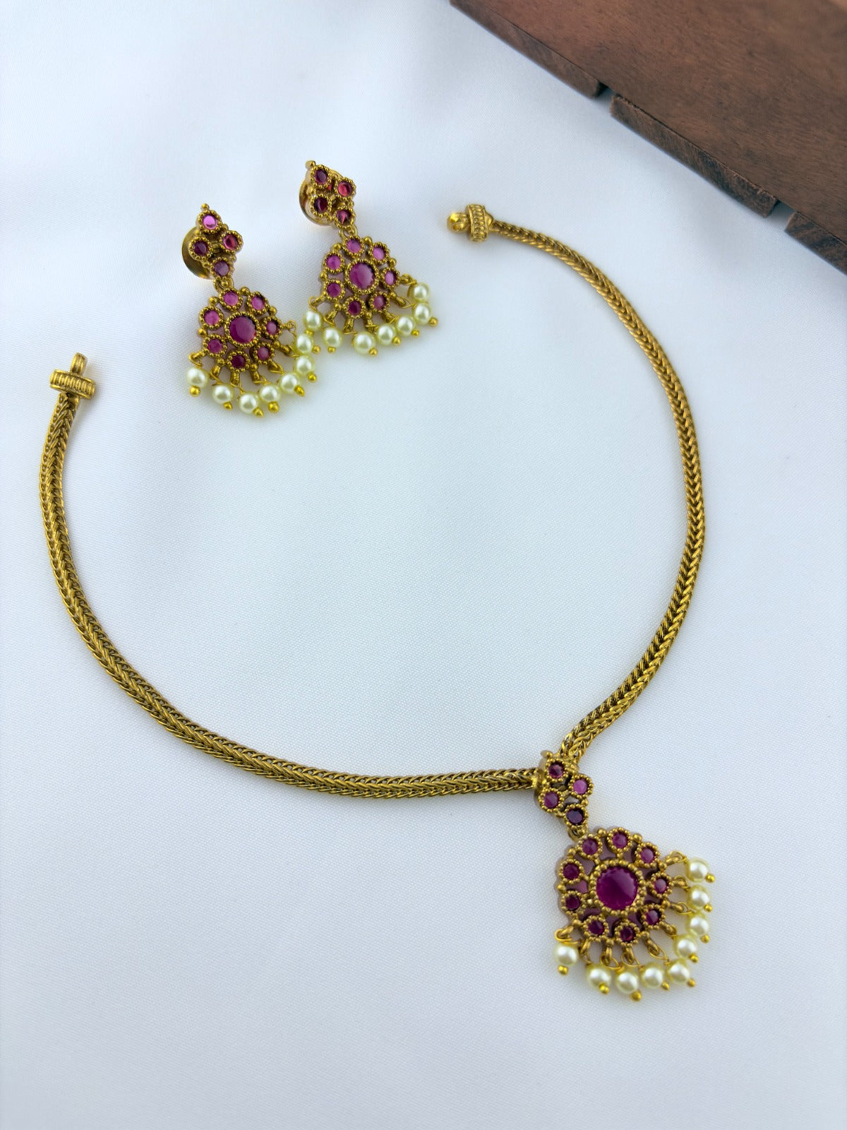 Beautiful design matte finish neckset and matching earrings with pearl drops