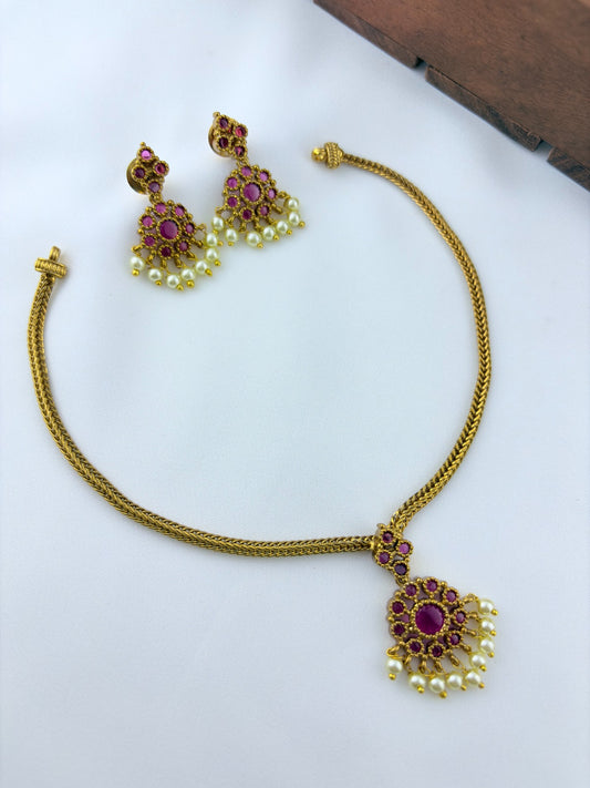 Beautiful design matte finish neckset and matching earrings with pearl drops