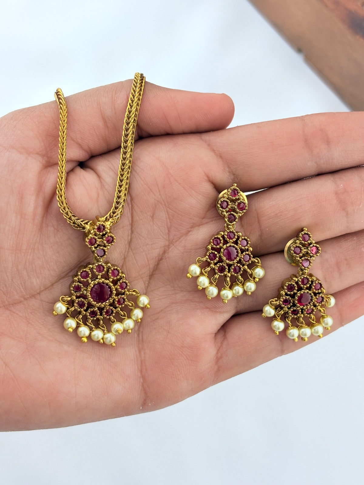 Beautiful design matte finish neckset and matching earrings with pearl drops