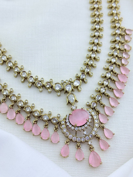 Premium antique polish Trisha inspired CZ stone two layer neckset adorned with stone drops