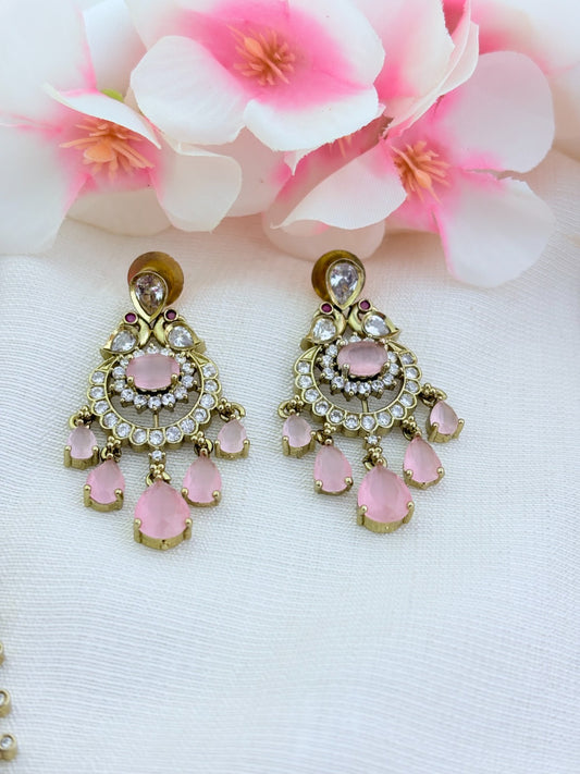 Premium antique polish Trisha inspired CZ stone two layer neckset adorned with stone drops