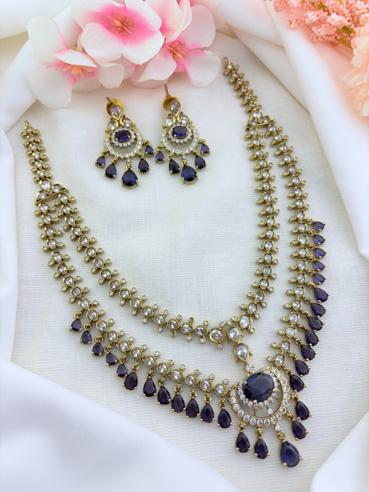 Premium antique polish Trisha inspired CZ stone two layer neckset adorned with stone drops
