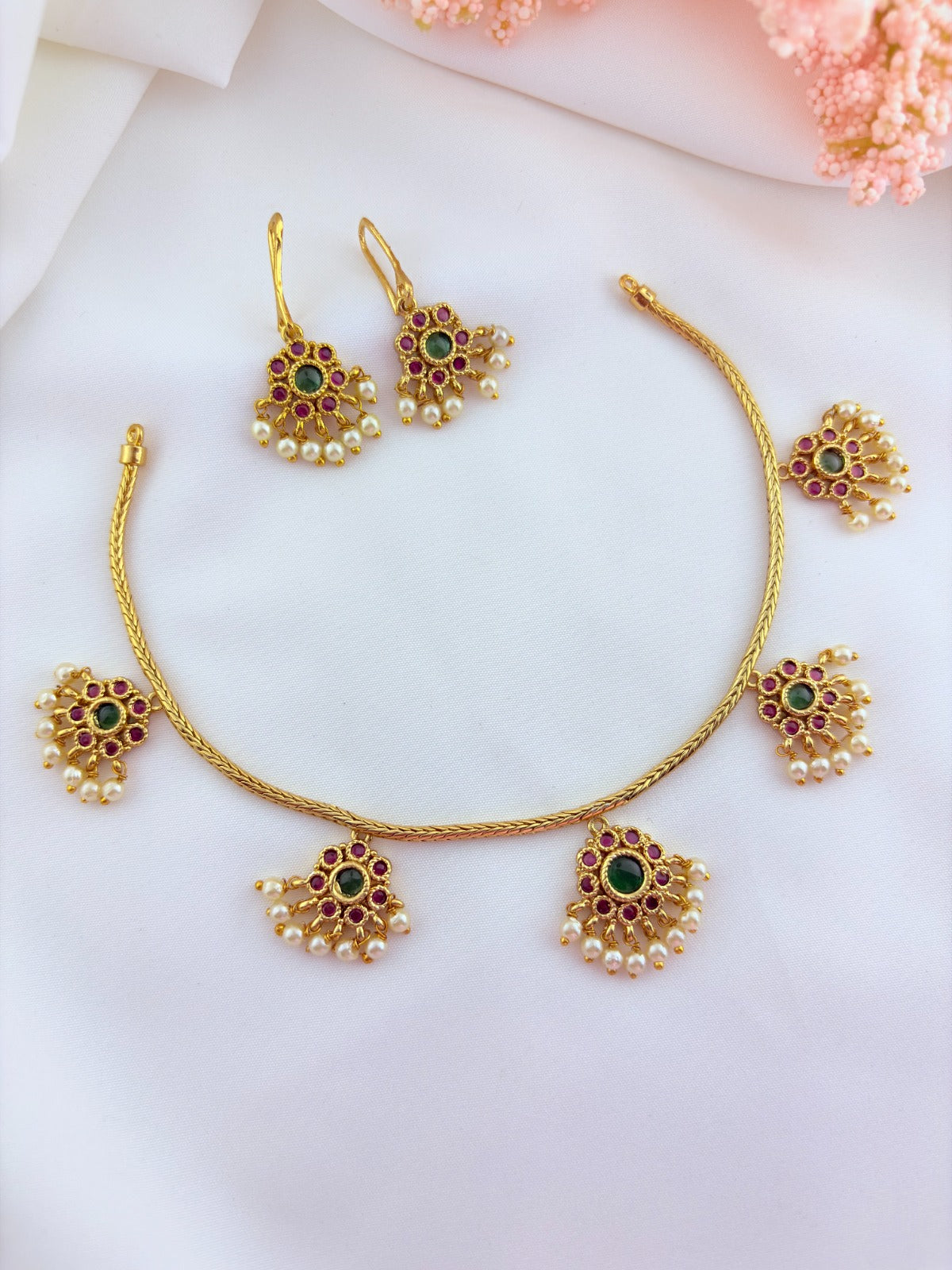 Premium matte finish necklace and matching earrings  crafted with kemp pendant adorned with pearl drops