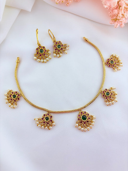 Premium matte finish necklace and matching earrings  crafted with kemp pendant adorned with pearl drops