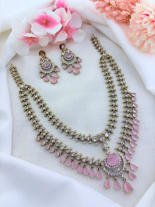 Premium antique polish Trisha inspired CZ stone two layer neckset adorned with stone drops