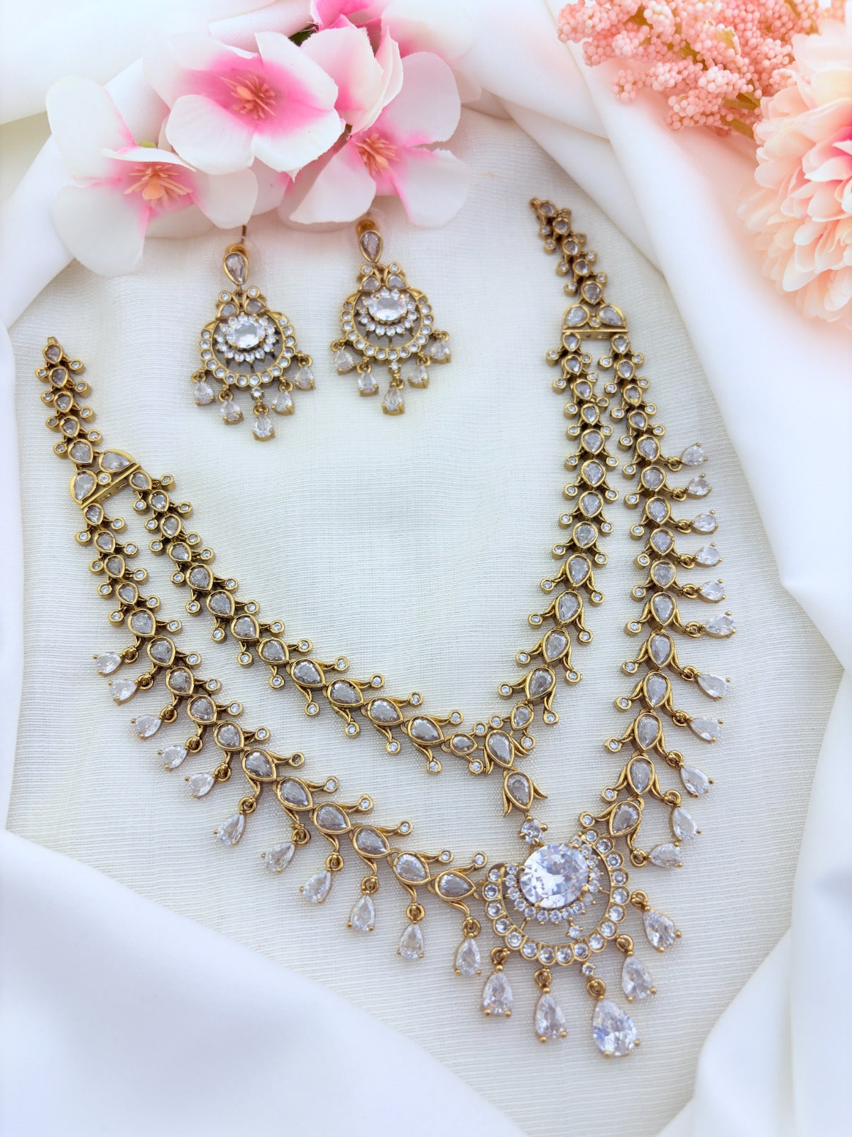 Premium antique polish Trisha inspired CZ stone two layer neckset adorned with stone drops
