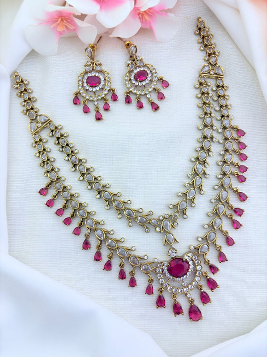 Premium antique polish Trisha inspired CZ stone two layer neckset adorned with stone drops