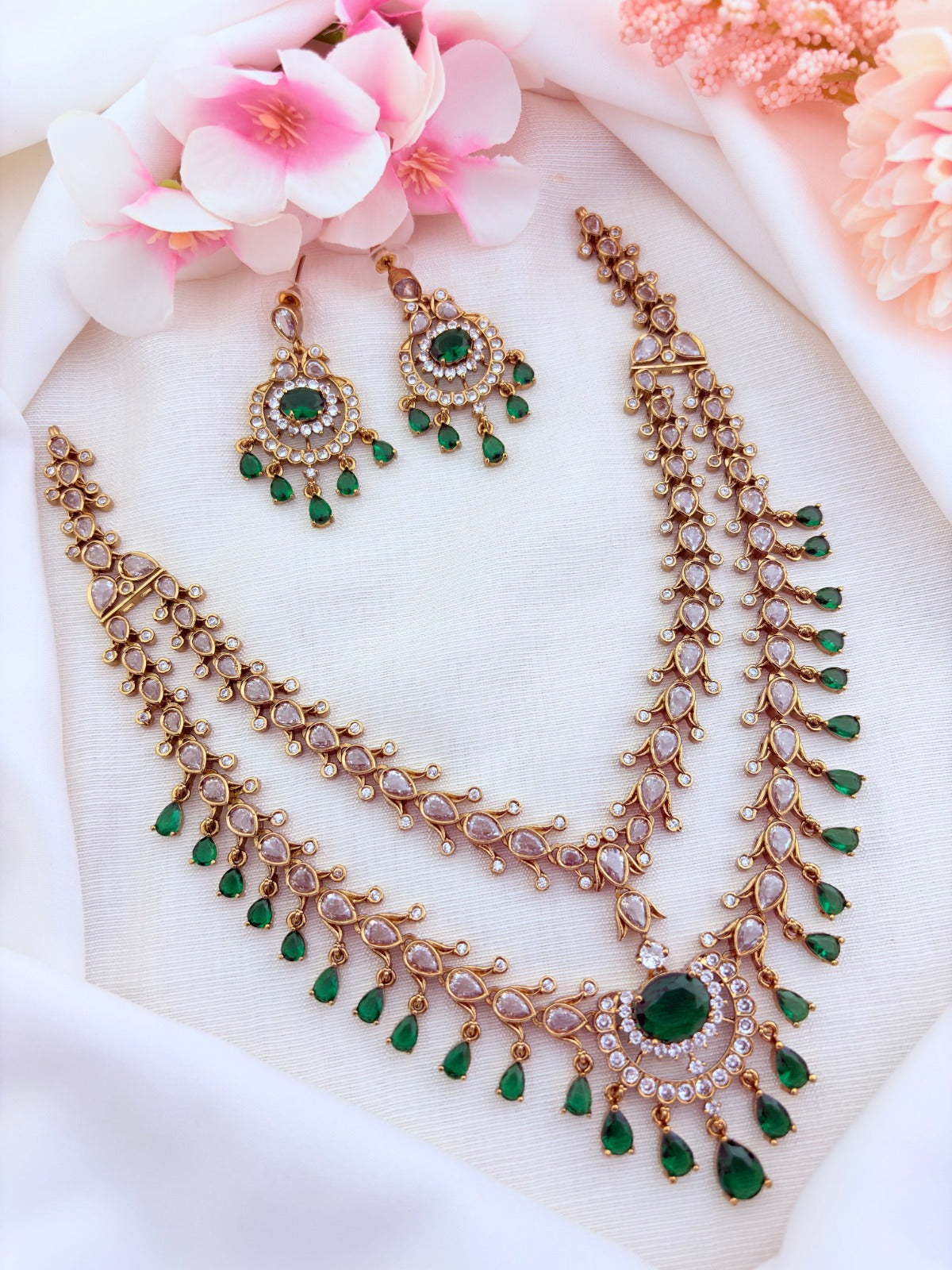 Premium antique polish Trisha inspired CZ stone two layer neckset adorned with stone drops