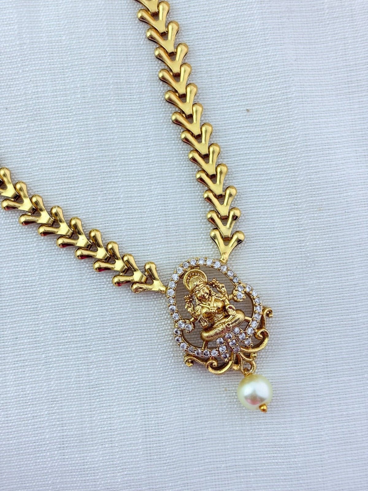 Temple jewellery - Premium matte finish AD Lakshmi pendant chain with matching earrings