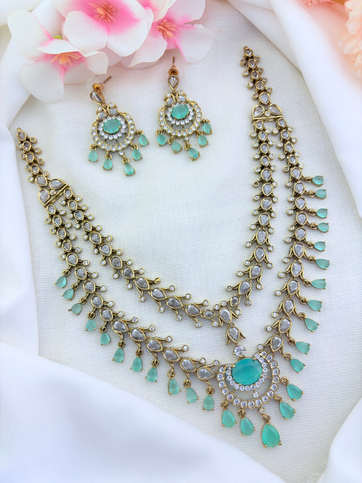 Premium antique polish Trisha inspired CZ stone two layer neckset adorned with stone drops