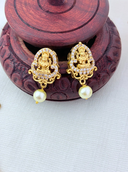 Temple jewellery - Premium matte finish AD Lakshmi pendant chain with matching earrings