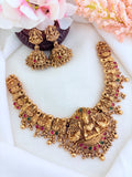 Elegant matte antique finish lakshmi necklace with golden beads
