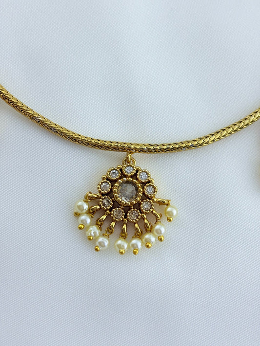 Premium matte finish necklace and matching earrings  crafted with kemp pendant adorned with pearl drops