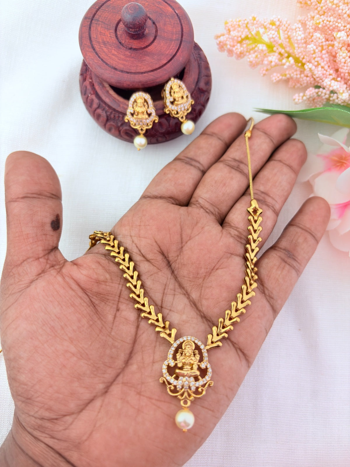 Temple jewellery - Premium matte finish AD Lakshmi pendant chain with matching earrings