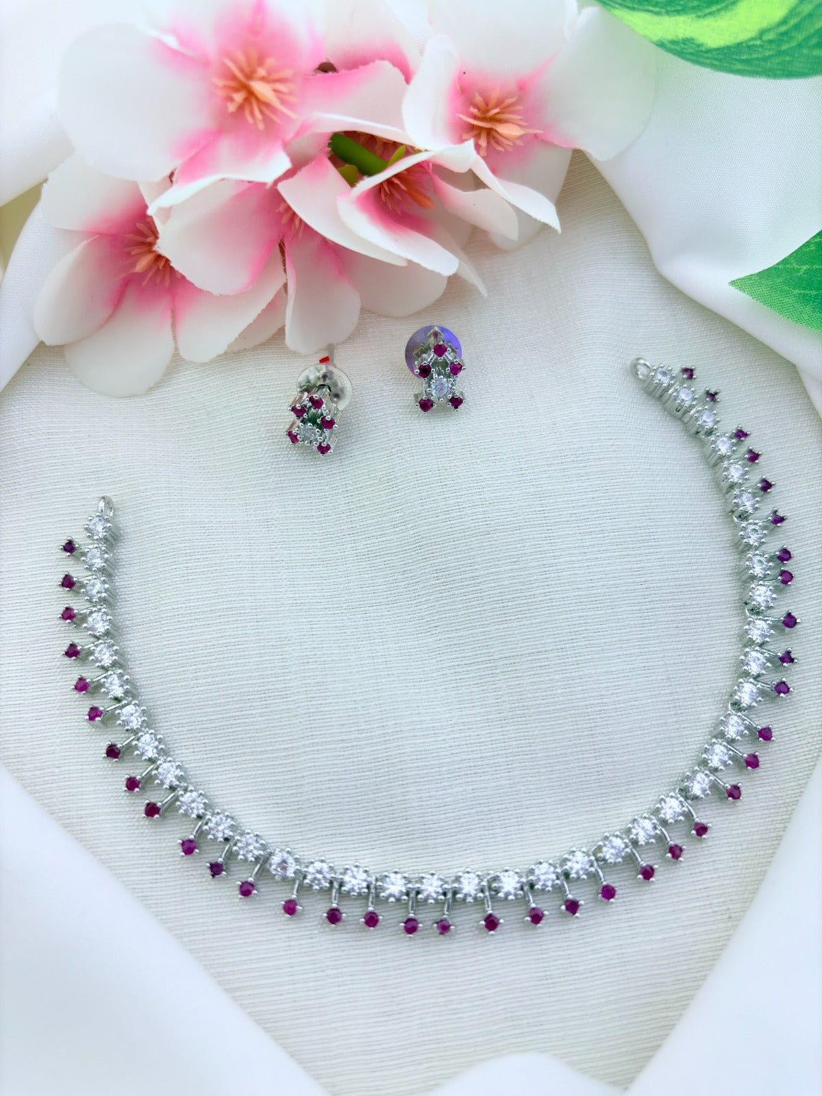 Premium silver polish AD stone vaishu inspired set with matching earrings