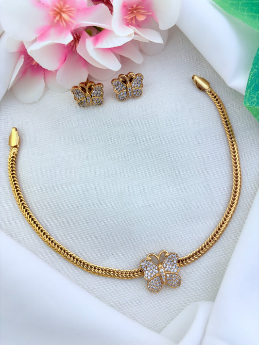 Charming butterfly pattern premium matte finish necklace and earrings  with  AD stones
