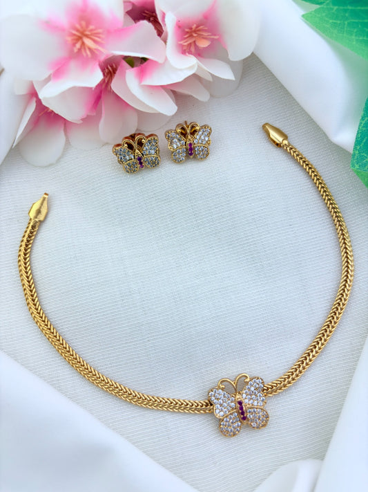 Charming butterfly pattern premium matte finish necklace and earrings  with  AD stones
