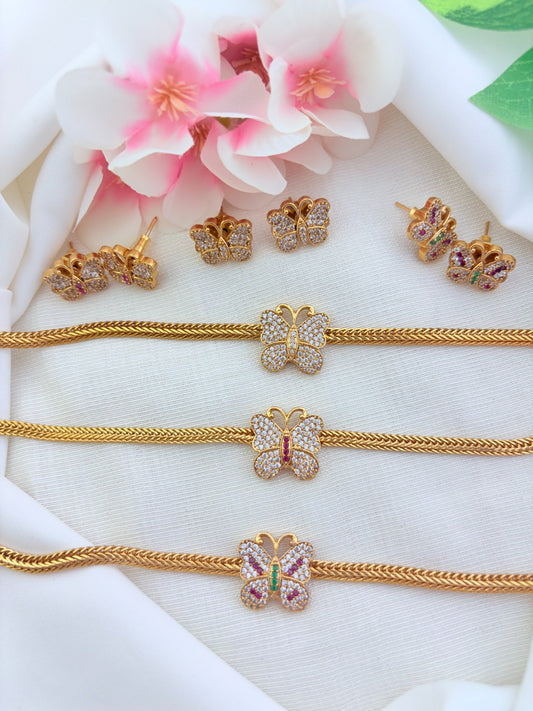 Charming butterfly pattern premium matte finish necklace and earrings  with  AD stones