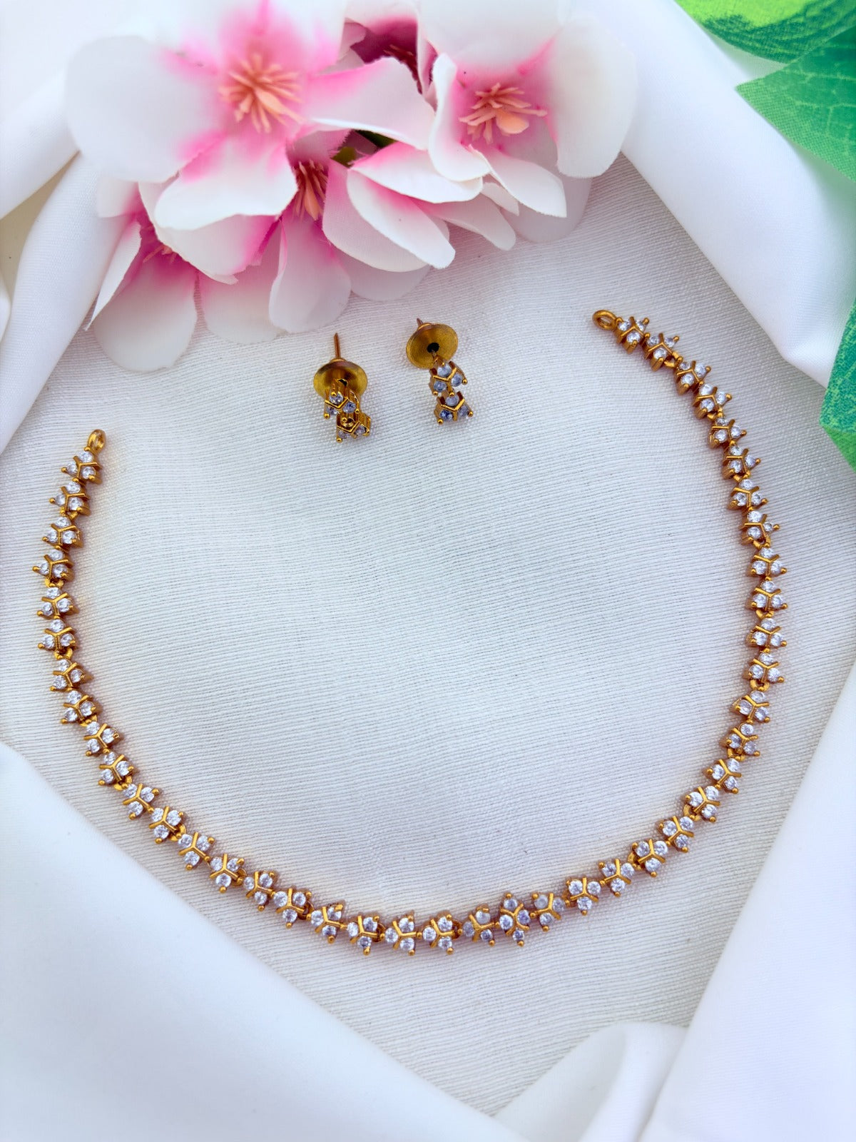 Elegant premium matte finish AD stone necklace paired with matching earrings