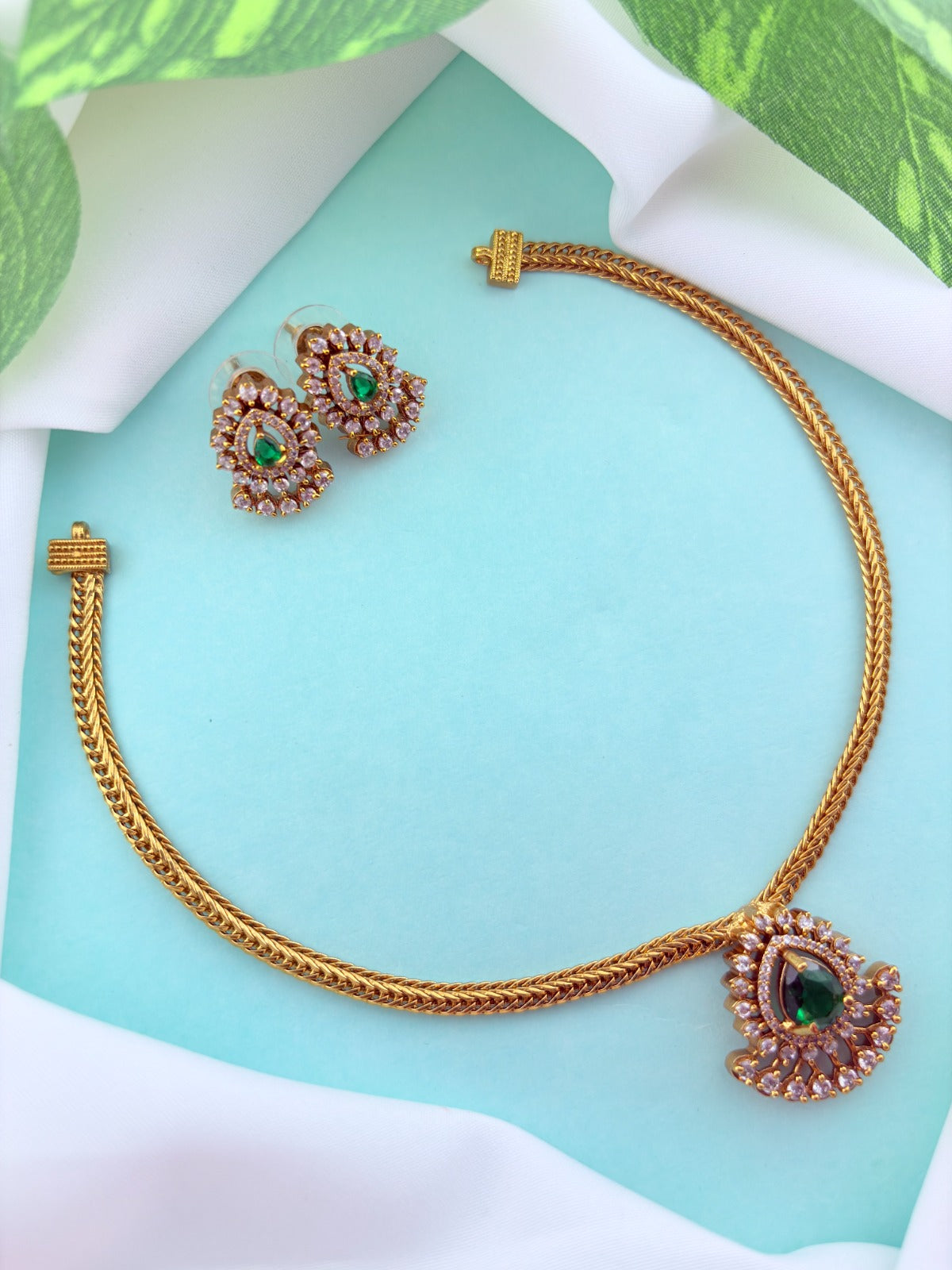 Premium matte finish AD pendant necklace with matching earrings - Latest design