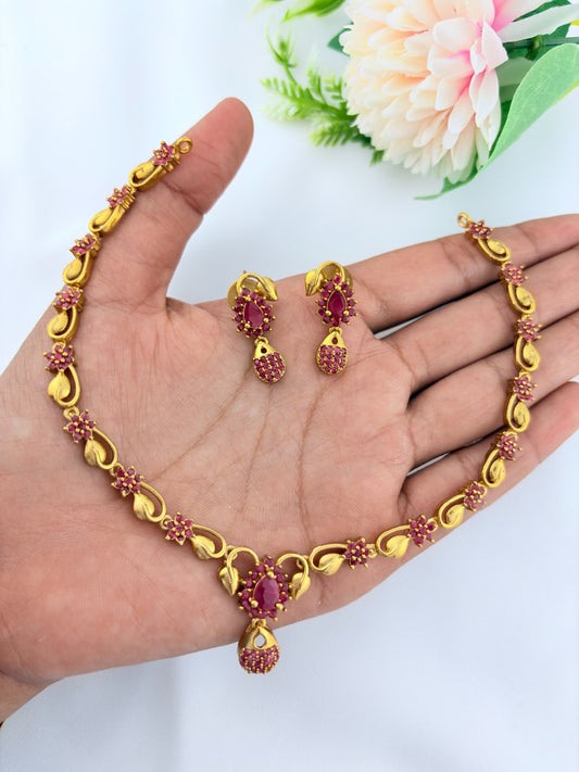 Elegant AD stone necklace in premium matte finish with matching earrings