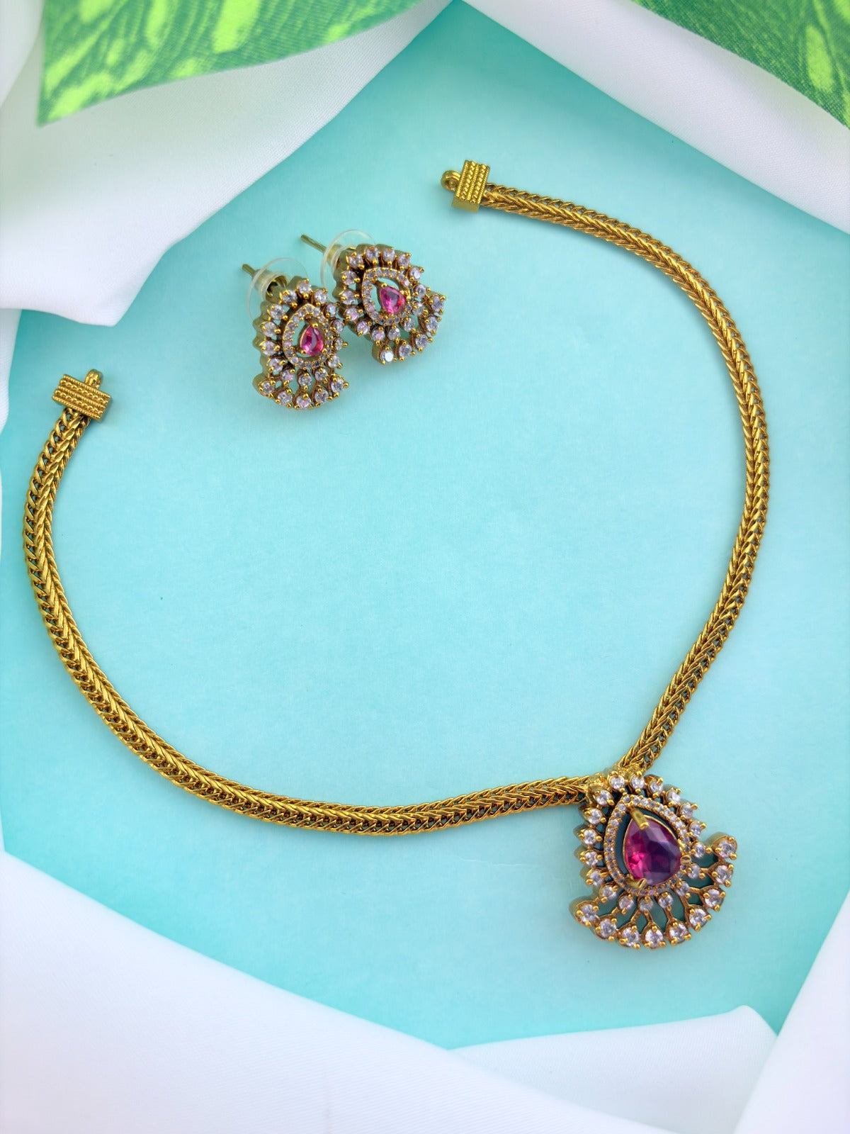 Premium matte finish AD pendant necklace with matching earrings - Latest design