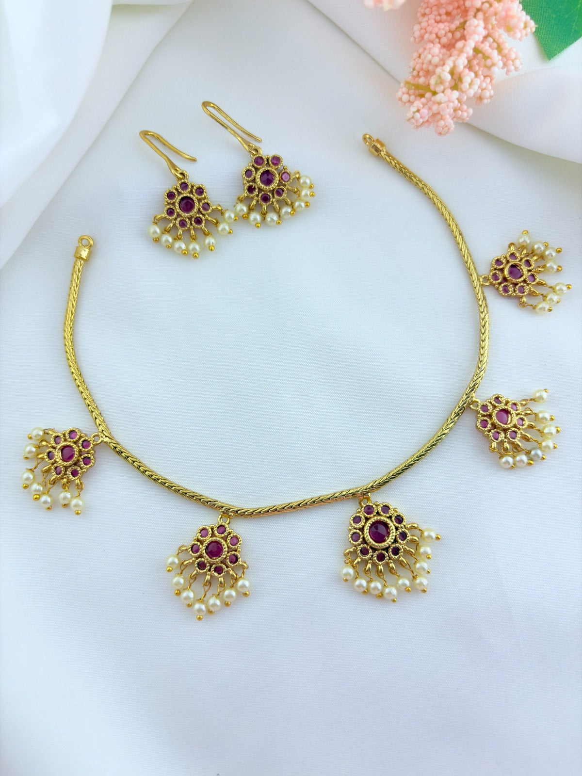 Premium matte finish necklace and matching earrings  crafted with kemp pendant adorned with pearl drops