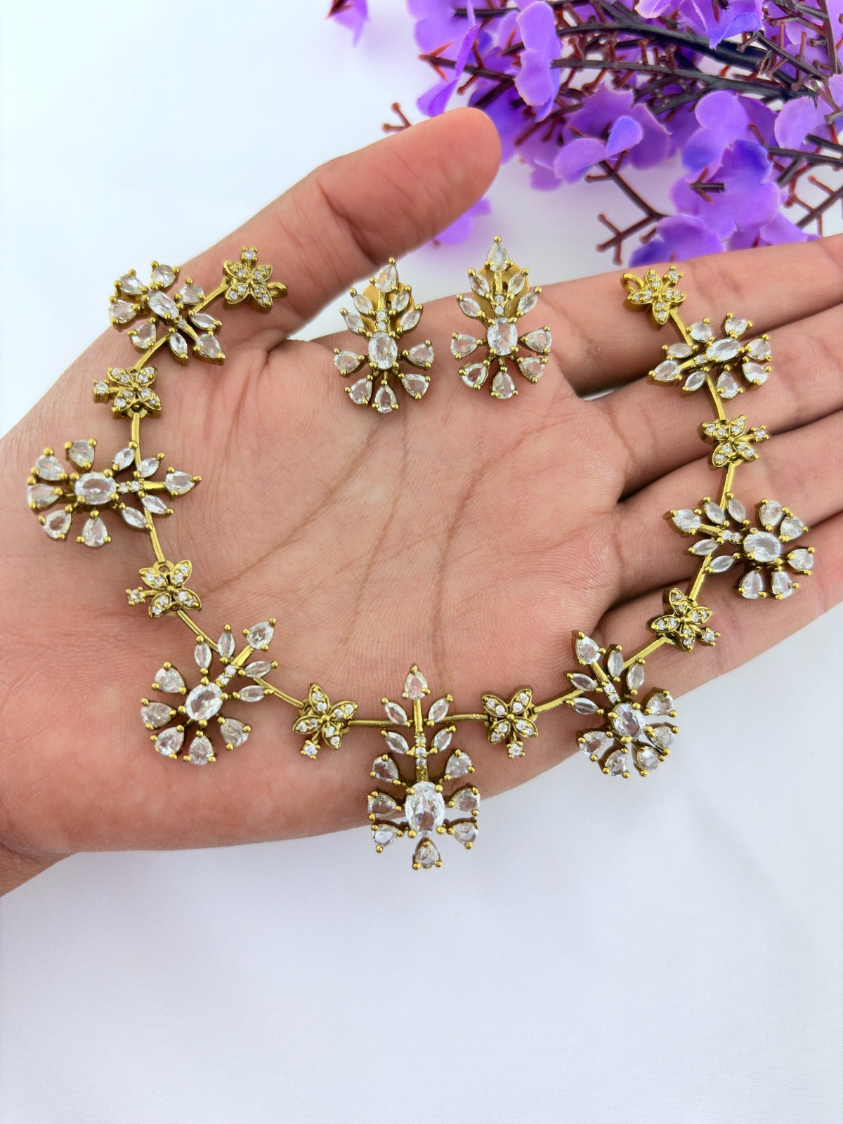 Classic CZ stone necklace and earrings with premium matte texture