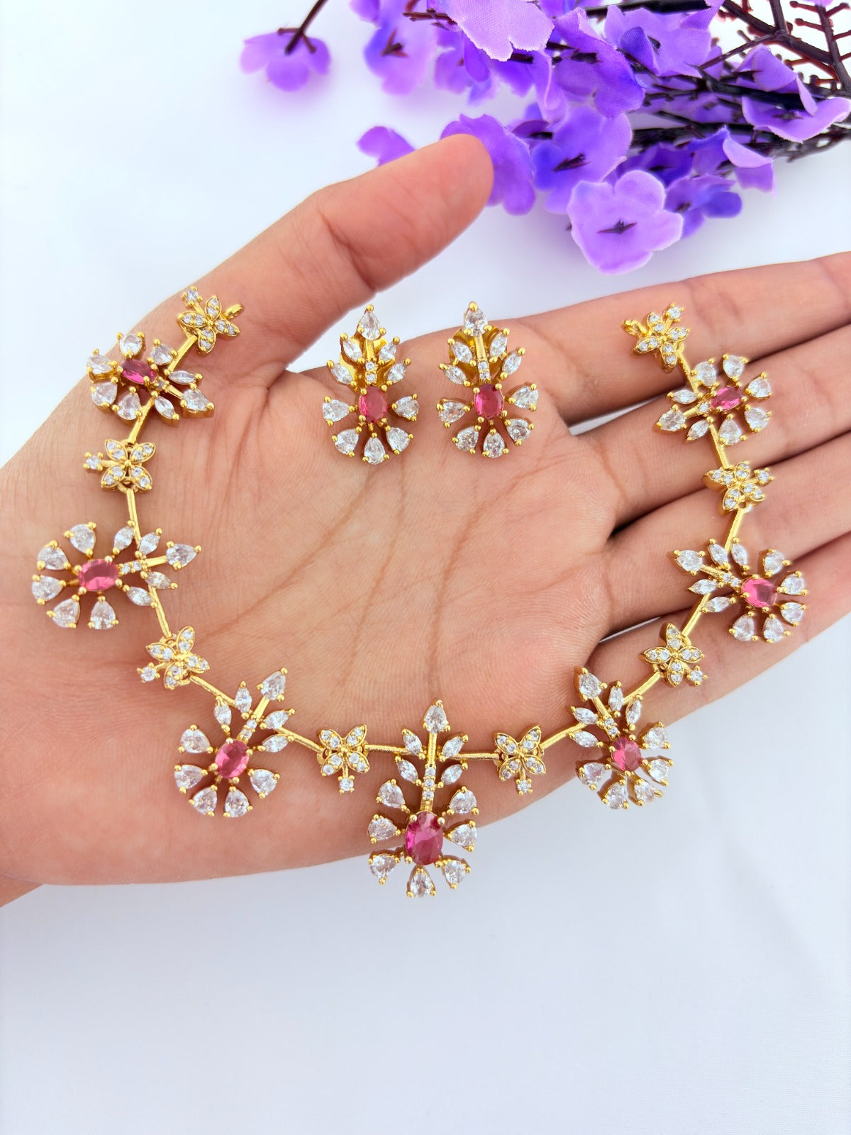 Classic CZ stone necklace and earrings with premium matte texture