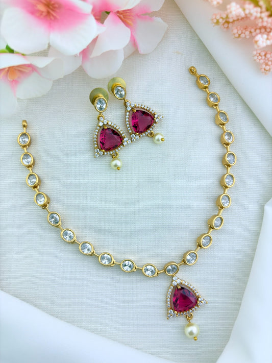 Modern minimalist CZ necklace and earrings enhanced with pearl drops