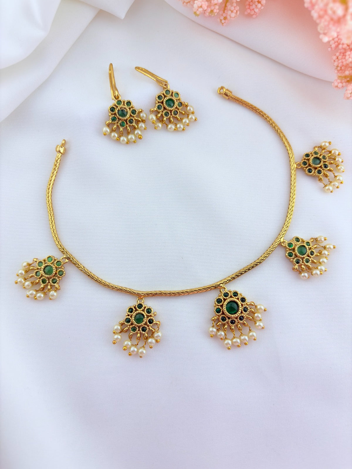 Premium matte finish necklace and matching earrings  crafted with kemp pendant adorned with pearl drops