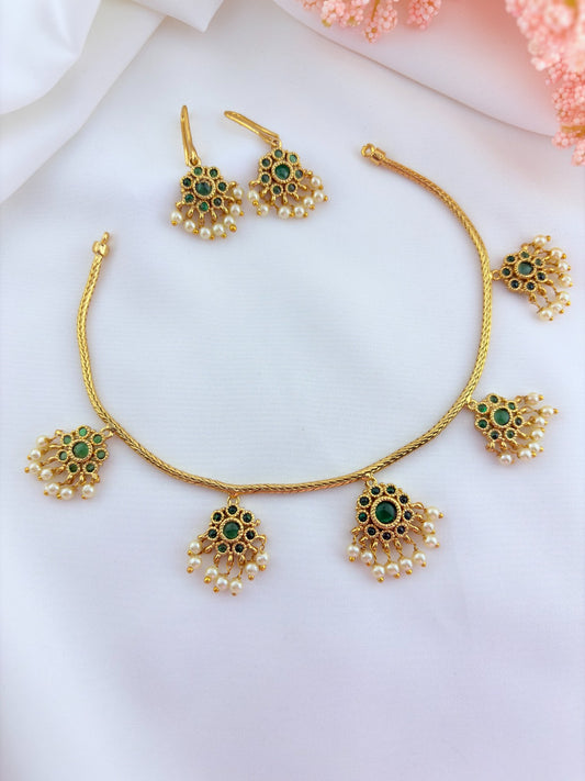 Premium matte finish necklace and matching earrings  crafted with kemp pendant adorned with pearl drops