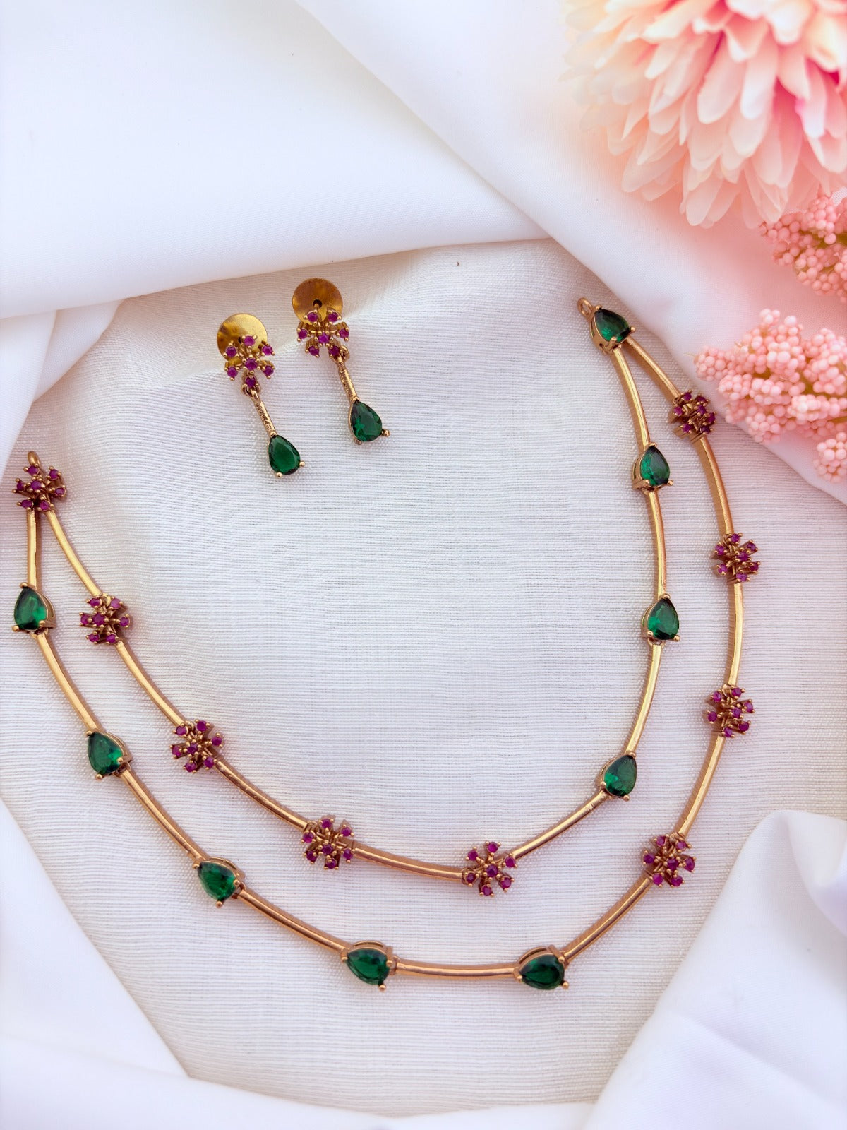 Style in modern elegance -  Premium matte finish two layer necklace and earrings adorned with classic stones
