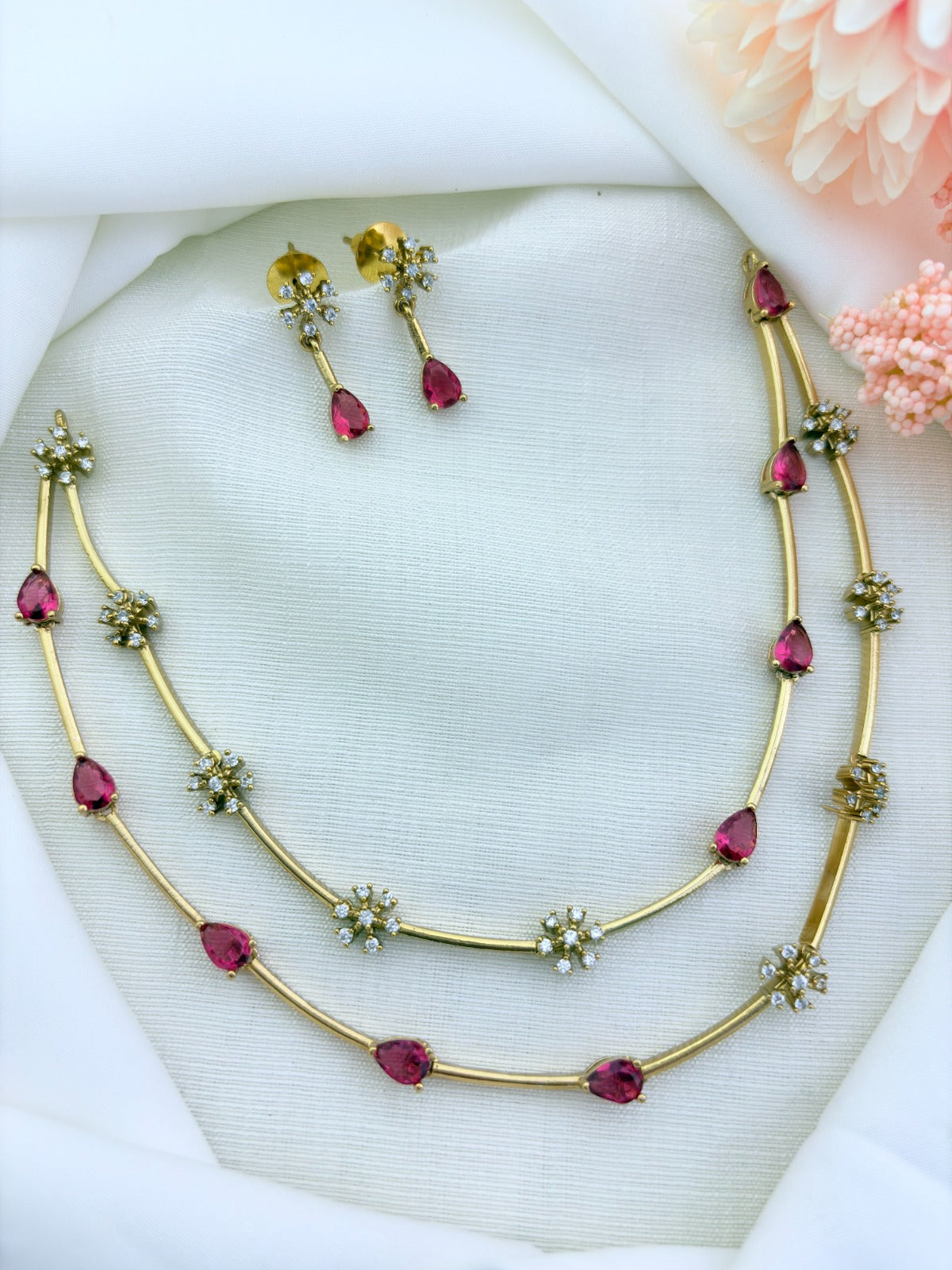 Style in modern elegance -  Premium matte finish two layer necklace and earrings adorned with classic stones