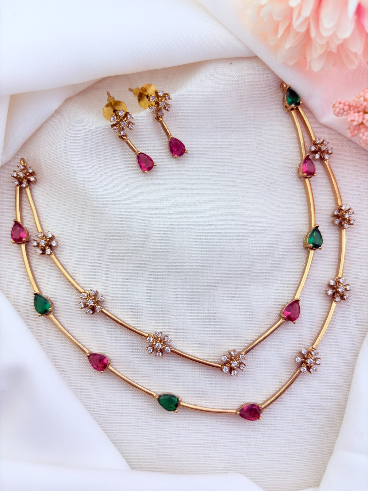 Style in modern elegance -  Premium matte finish two layer necklace and earrings adorned with classic stones