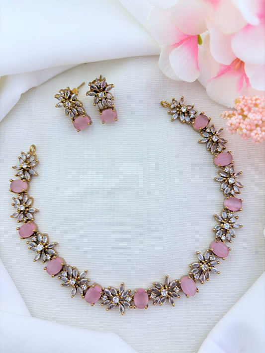 Classic floral pattern CZ premium matte finish necklace with matching earrings