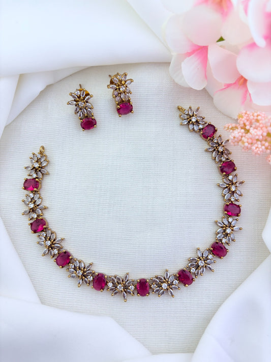 Classic floral pattern CZ premium matte finish necklace with matching earrings
