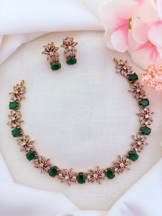 Classic floral pattern CZ premium matte finish necklace with matching earrings