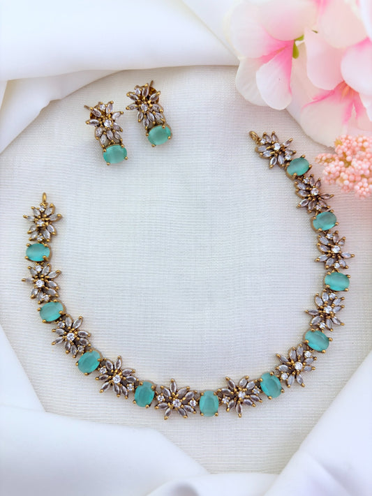 Classic floral pattern CZ premium matte finish necklace with matching earrings