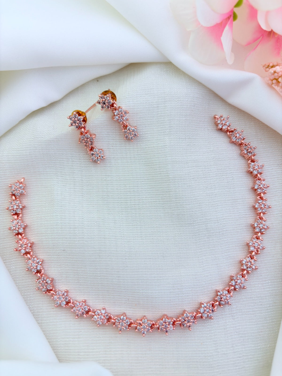 Elegant floral pattern AD stone necklace with matching earrings