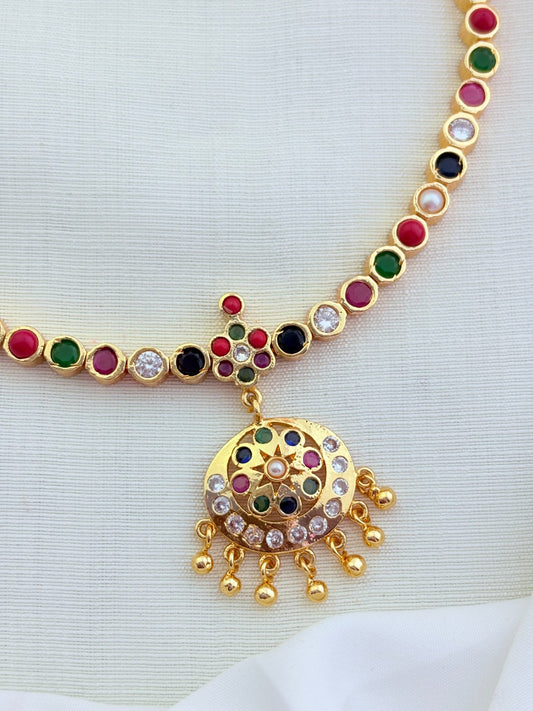 Navaratna color attigai in micro gold polish highlighted with golden beads