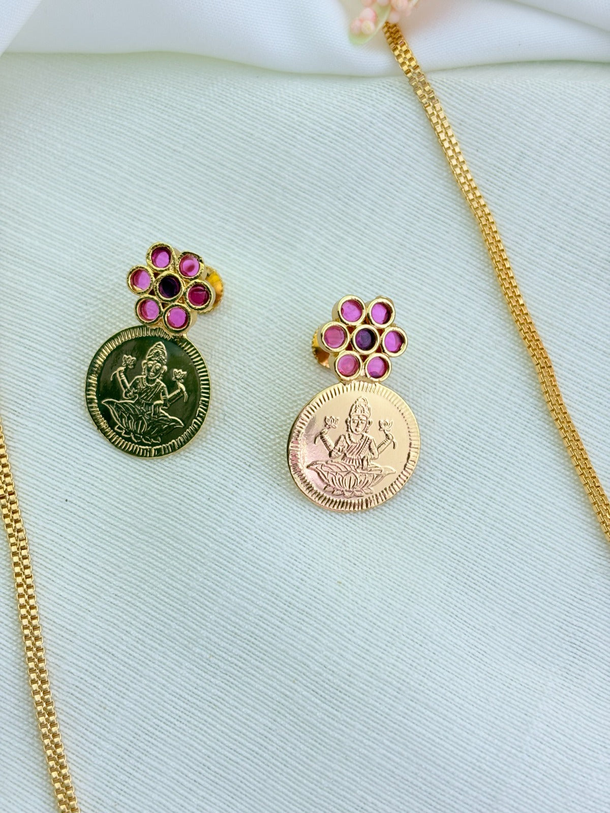 Tradition in modern elegance - Microgold polish lakshmi coin chain and matching earrings highlighted with ruby stones