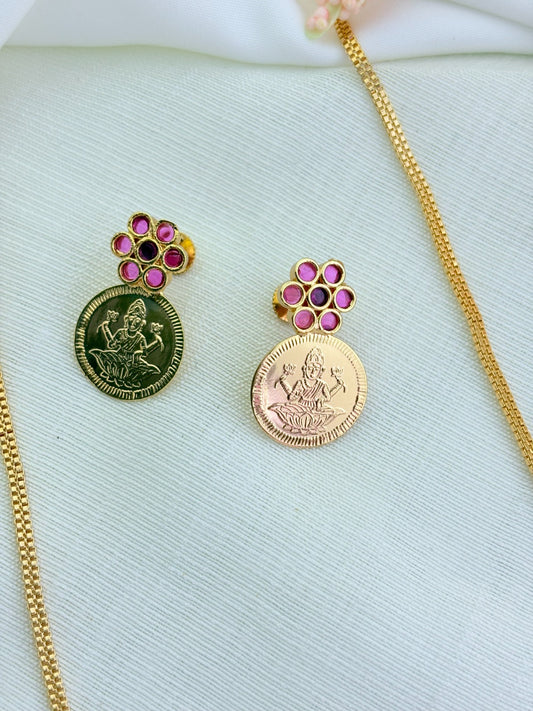 Tradition in modern elegance - Microgold polish lakshmi coin chain and matching earrings highlighted with ruby stones
